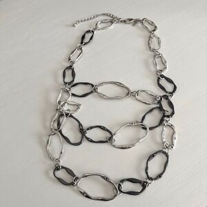 Chico's Black Silver Tone Statement Necklace Layered Oval Links